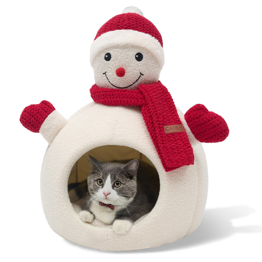 CATISM Christmas Cat Bed snowman front view shows cozy holiday space for indoor cats
