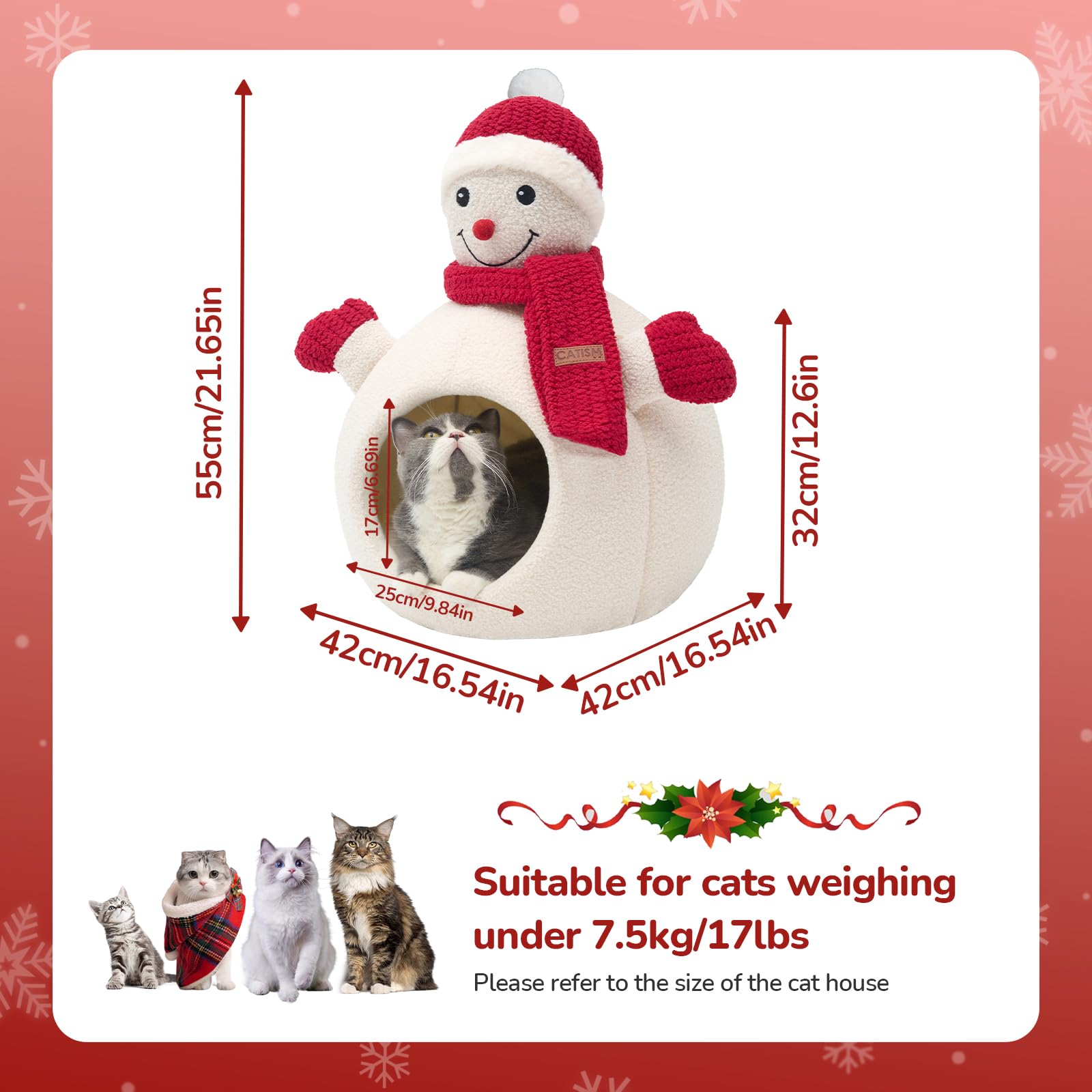 CATISM Christmas Cat Bed snowman side view reveals private cave interior for comfort