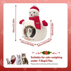 CATISM Christmas Cat Bed snowman side view reveals private cave interior for comfort