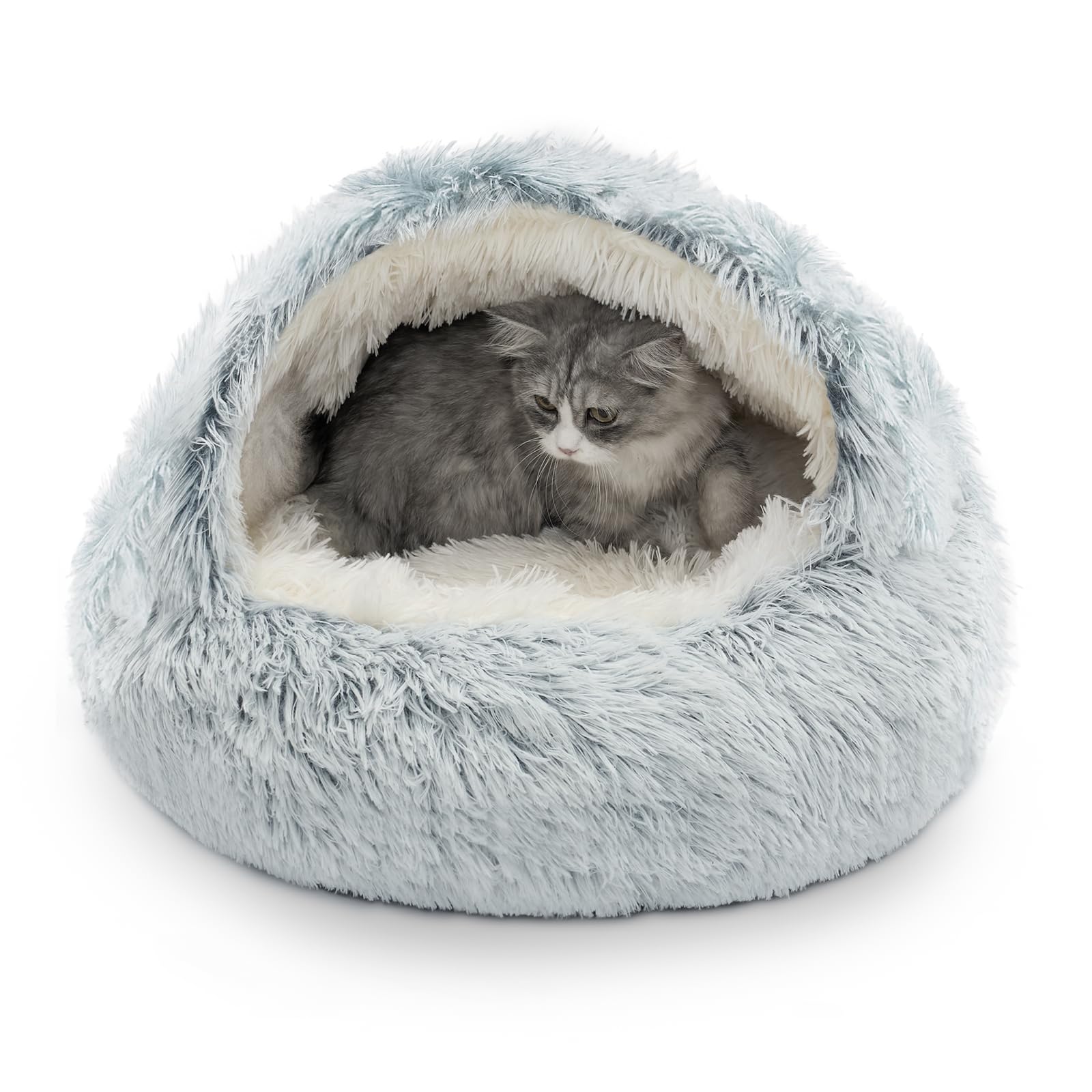 CATISM Cozy Plush Hooded Cat Bed front view with warm private nest