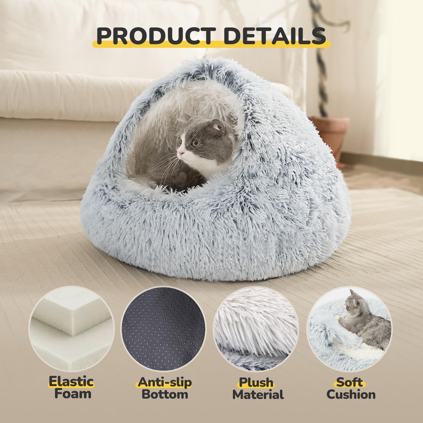 CATISM Cozy Plush Hooded Cat Bed interior cave for secure retreat naps