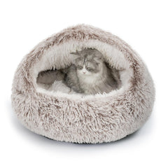 CATISM Plush Hooded Cat Bed closeup of cloud-soft plush fabric for warm, comforting naps