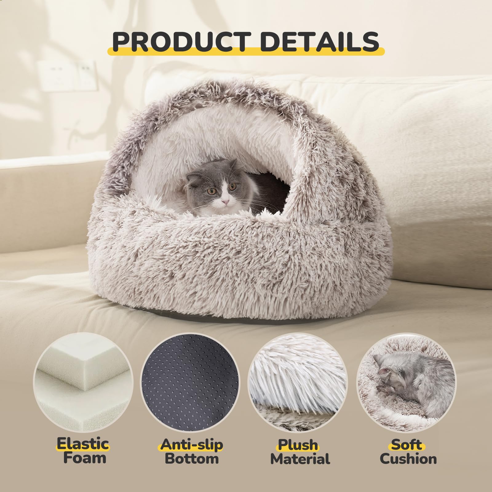 CATISM Plush Hooded Cat Bed donut design provides private, secure space for napping