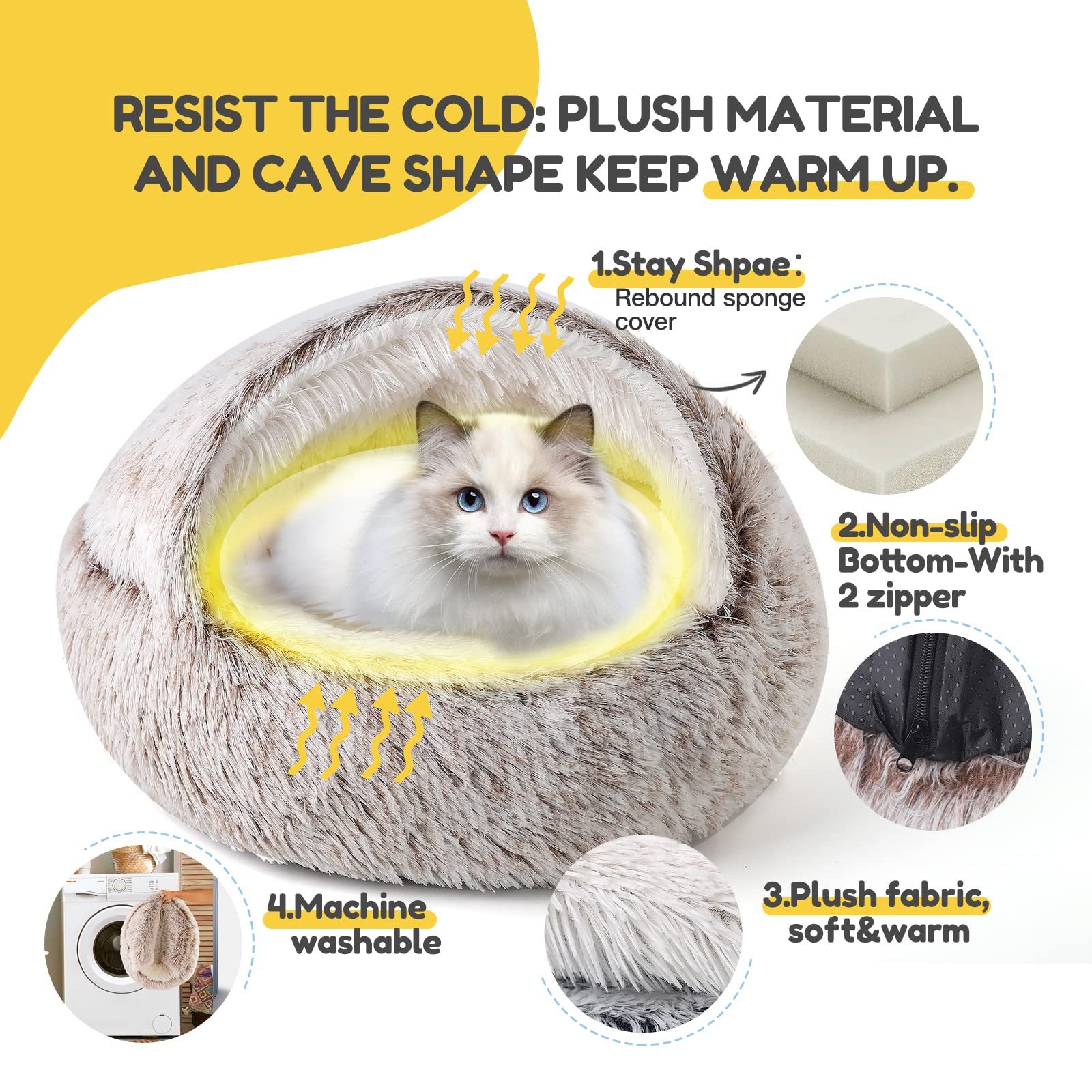 CATISM Plush Hooded Cat Bed washable cove shows easy machine-washable cover