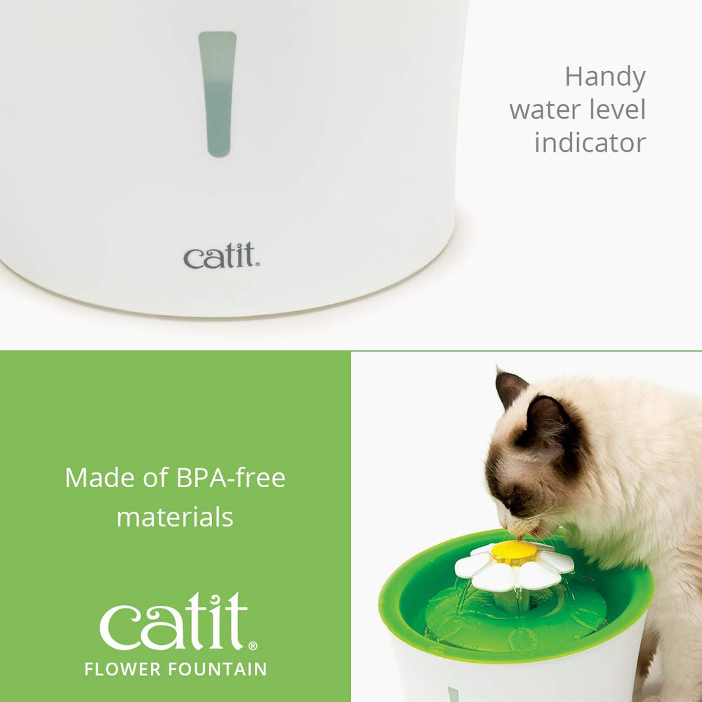 Catit Flower Fountain flower-cap reduces bubbling for calmer drinking sessions.