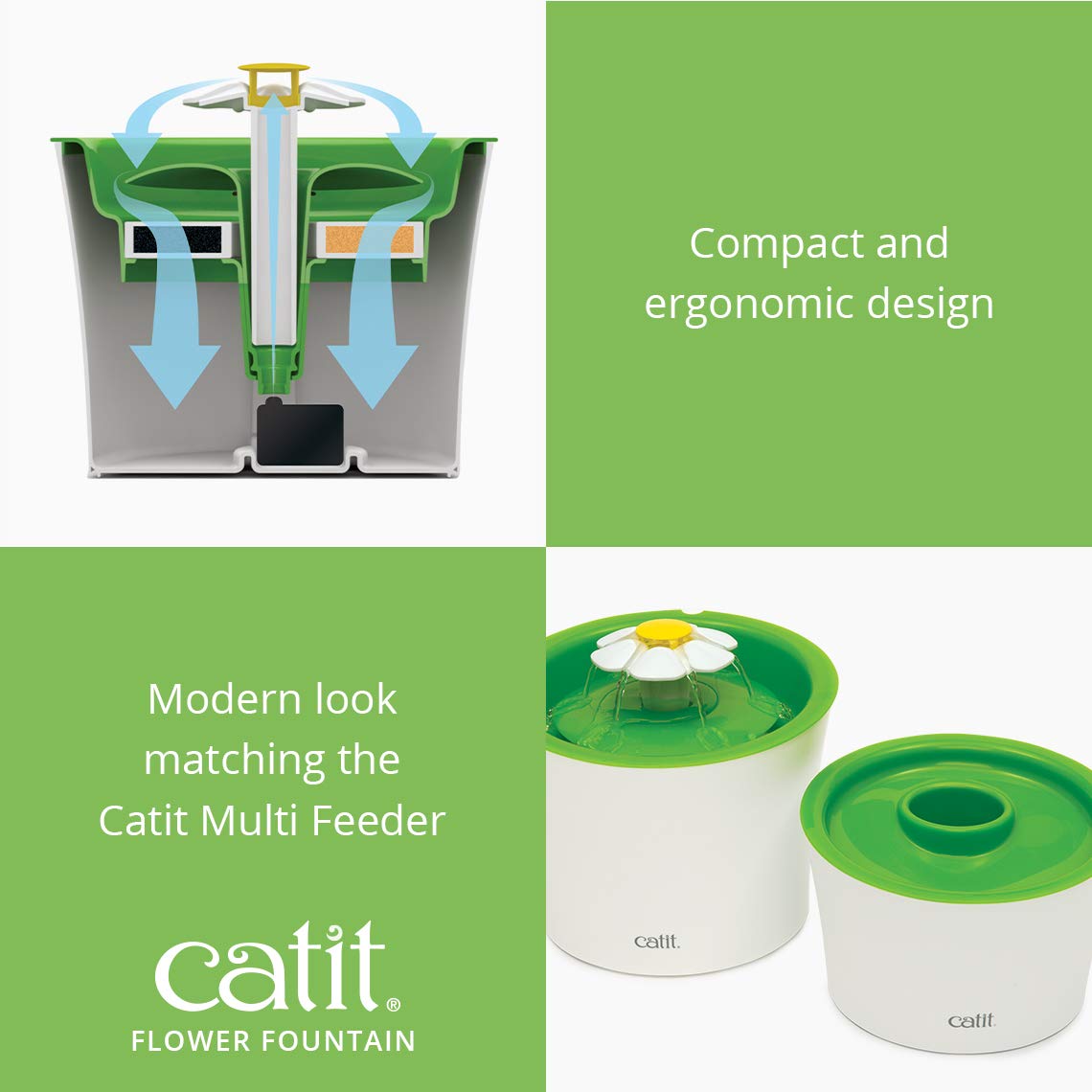 Catit Flower Fountain compact-dimensions fit cozy homes while encouraging daily water intake.