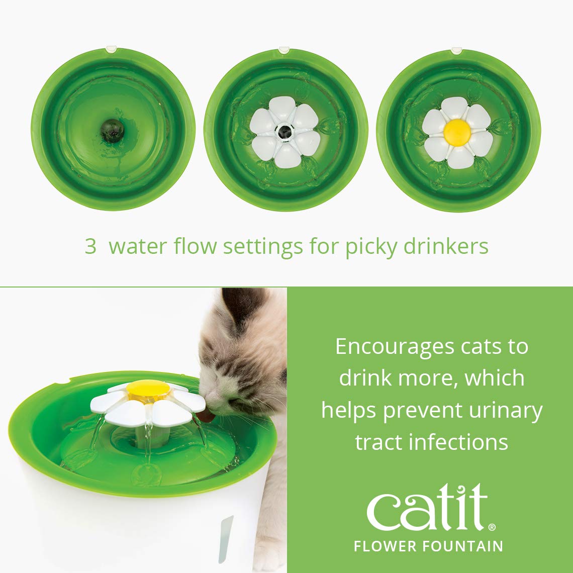 Catit Flower Fountain triple-action-filter reduces minerals and impurities for fresher-tasting water.