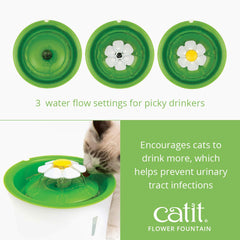 Catit Flower Fountain triple-action-filter reduces minerals and impurities for fresher-tasting water.