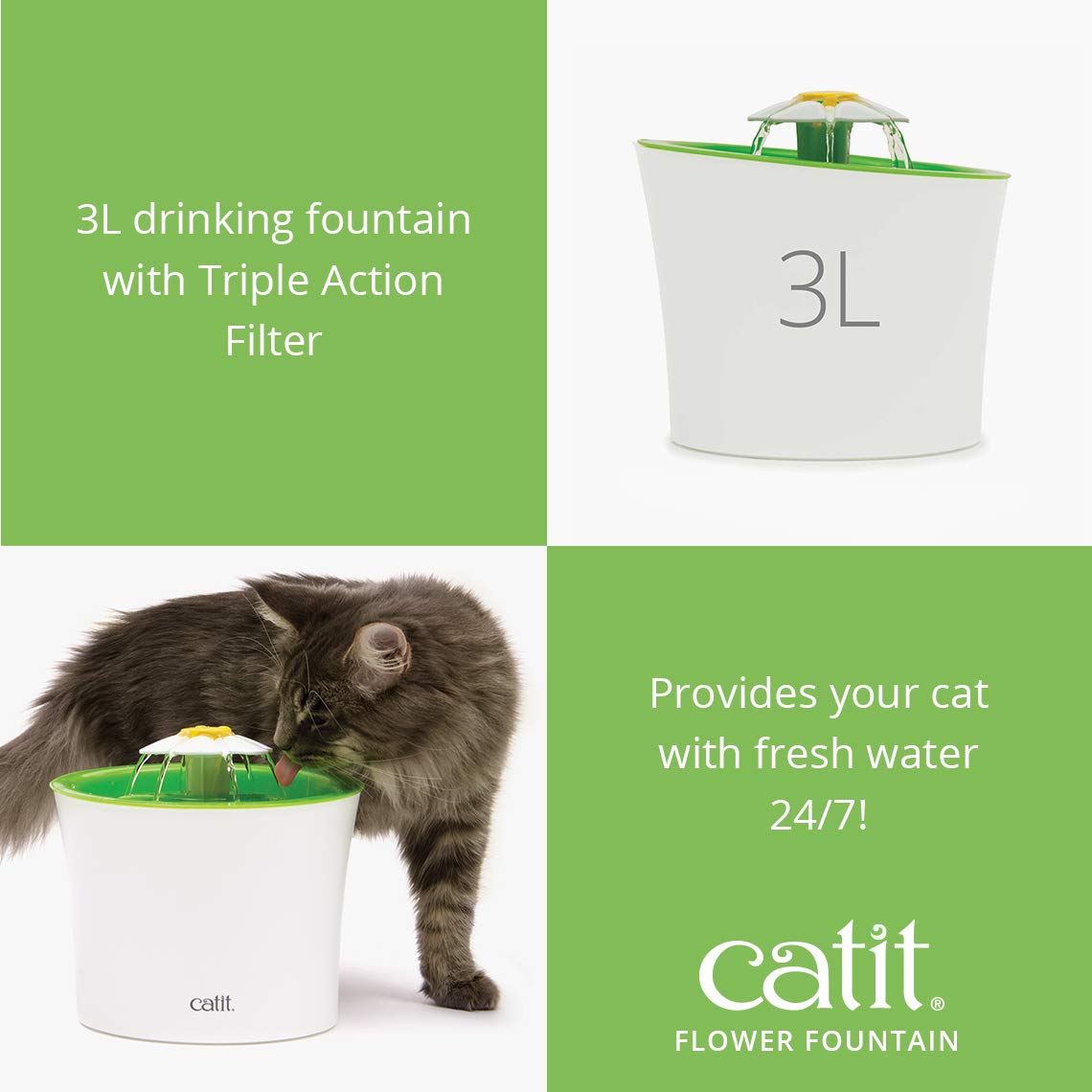 Catit Flower Fountain pet-friendly ergonomic design complements feeding stations.