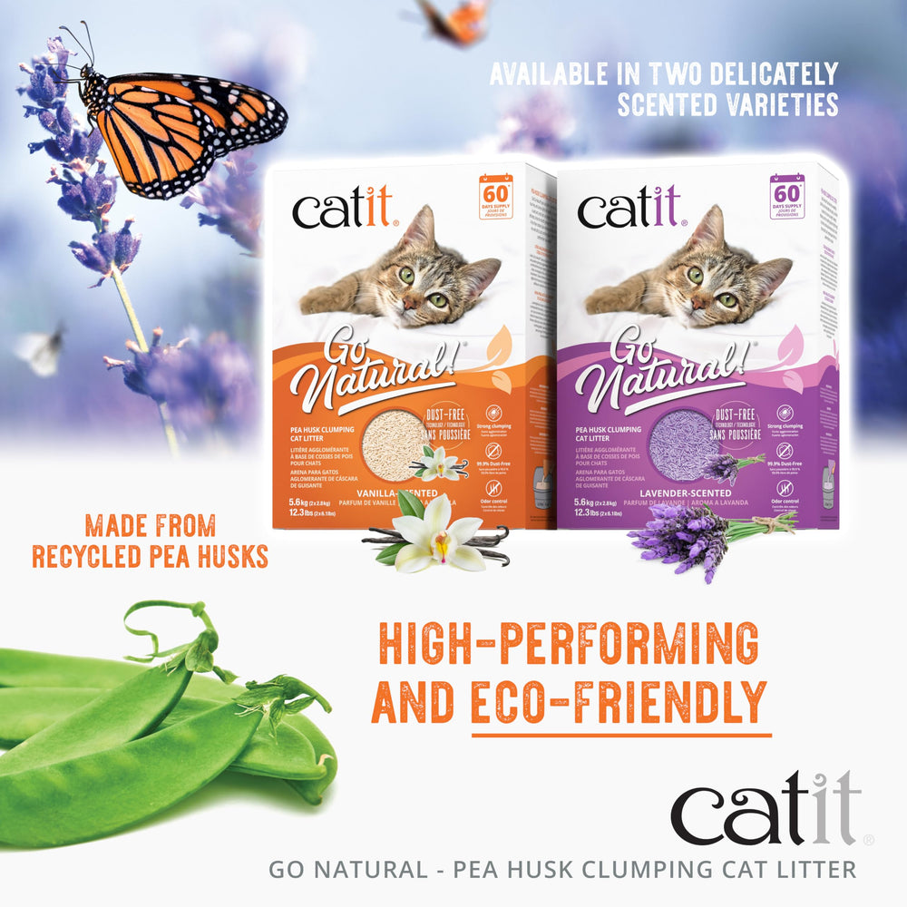 Catit Go Natural pea husk litter demonstrates 99% dust-free formula reducing airborne particles