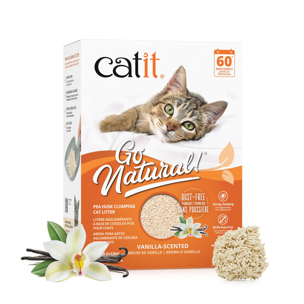 Catit Go Natural pea husk litter packaging highlights eco-friendly design and easy storage