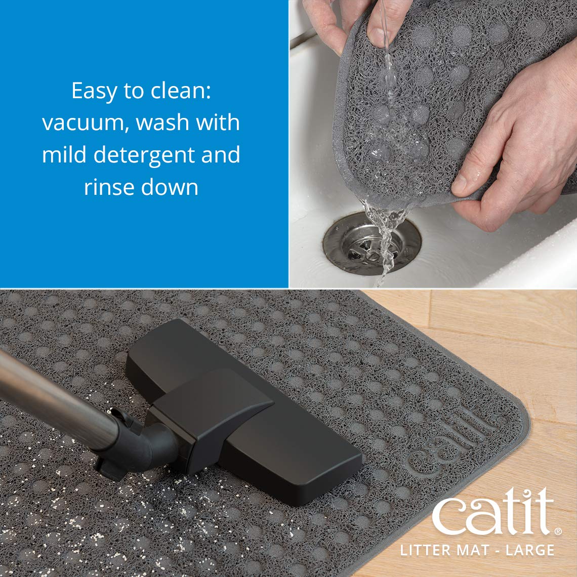 Catit Large Cat Litter Mat easy to clean by shaking, vacuuming, or rinsing.