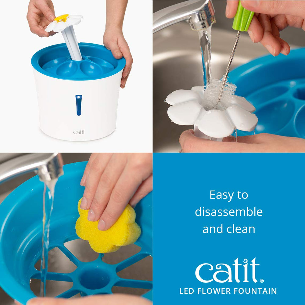 Catit LED Flower Fountain disassembles easily for quick cleaning.