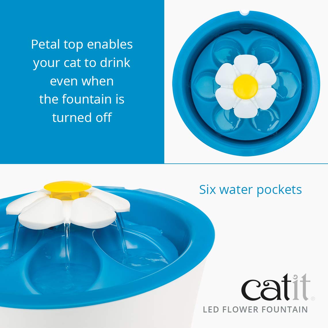 Catit LED Flower Fountain flow settings, three adjustable streams for picky drinkers.
