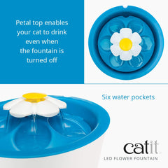 Catit LED Flower Fountain flow settings, three adjustable streams for picky drinkers.