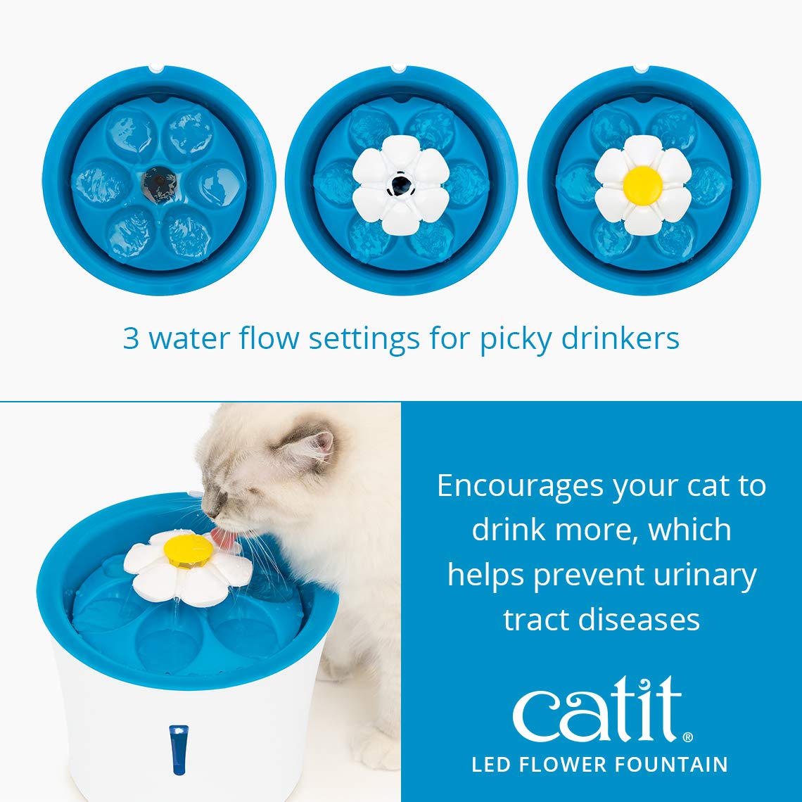 Catit LED Flower Fountain petal top lets drinking even when the fountain is off.