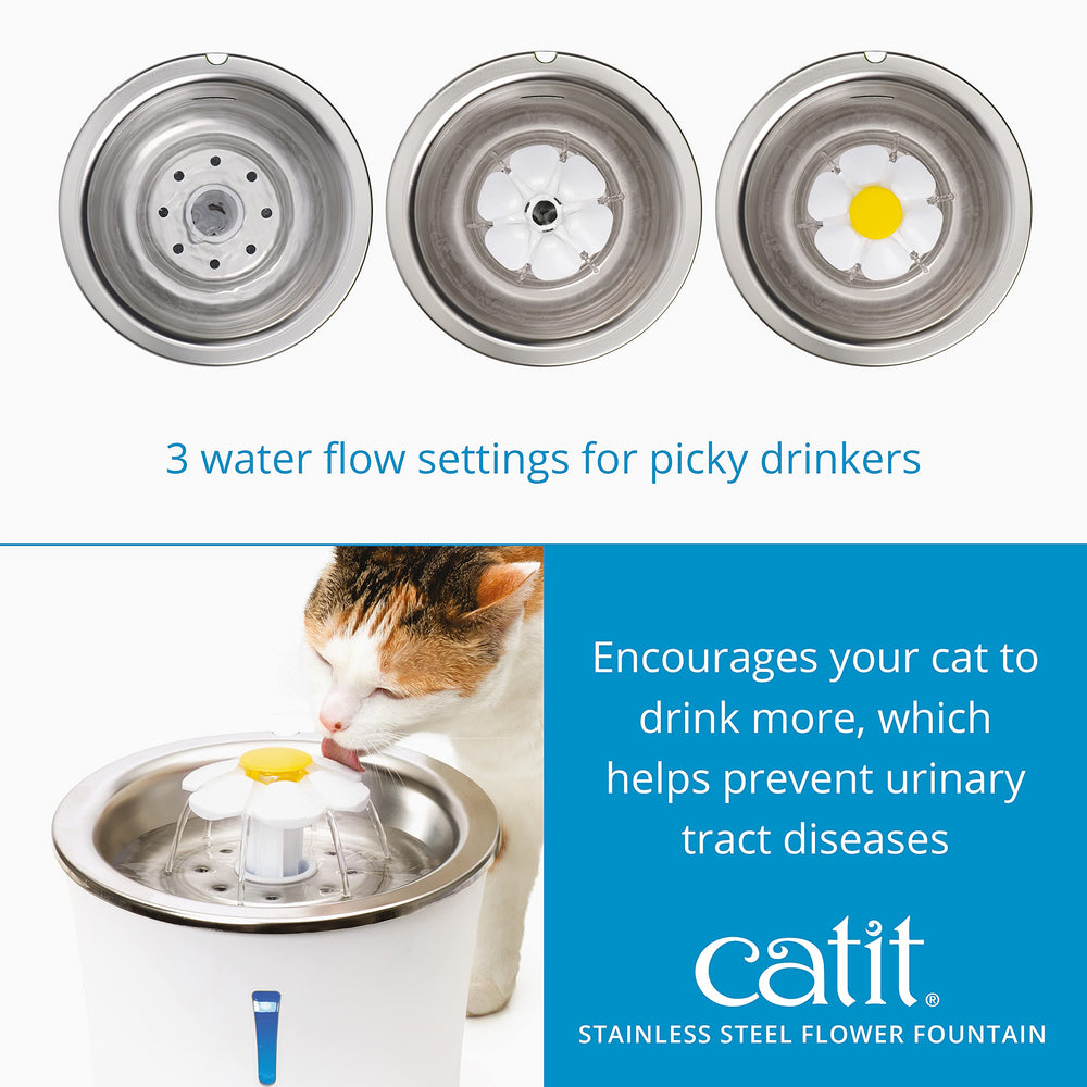 Catit flow settings image, three options for gentle, bubbling, or long streams.