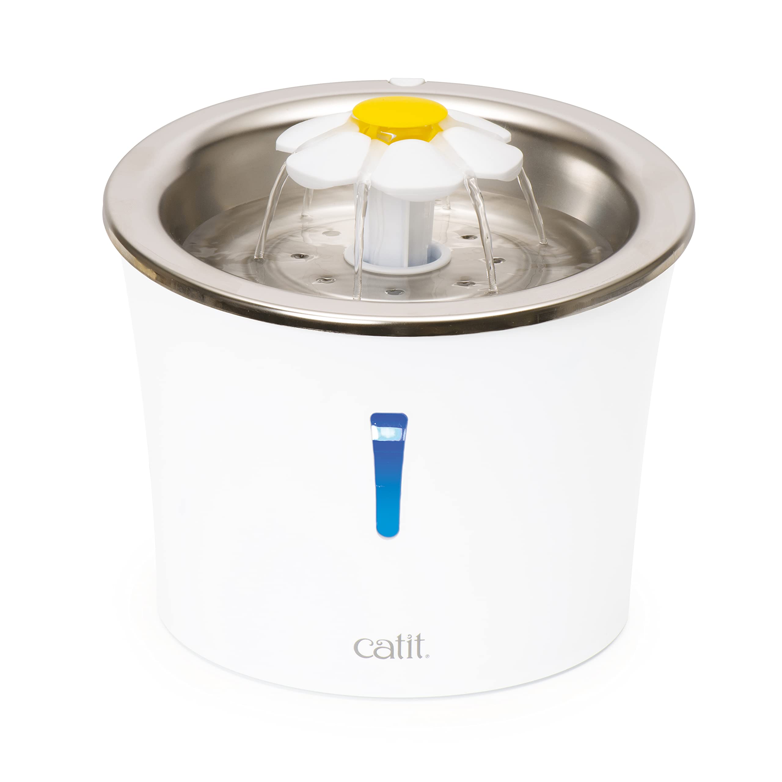 Catit stainless steel flower fountain top-view, compact hygienic design delivering clean water.