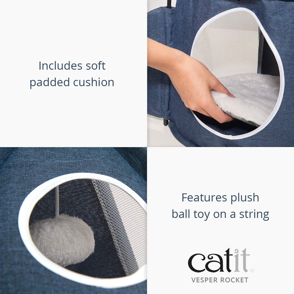 Catit Vesper Rocket cushion-bed area offers cozy naps after play.