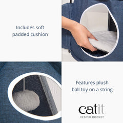 Catit Vesper Rocket cushion-bed area offers cozy naps after play.