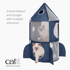 Catit Vesper Rocket Tower blue – side view highlighting airy mesh for airflow.