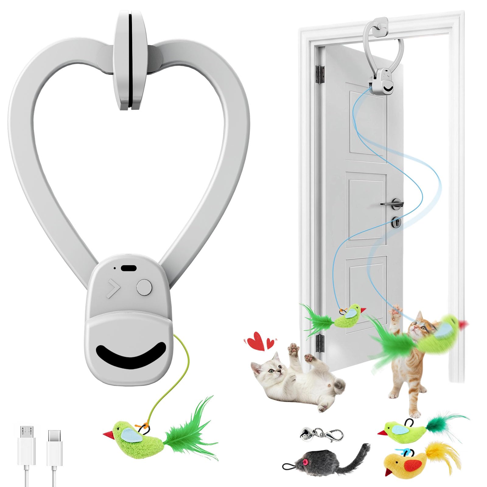 CATPICK flying bird toy in doorway promotes active play and hunting instincts.