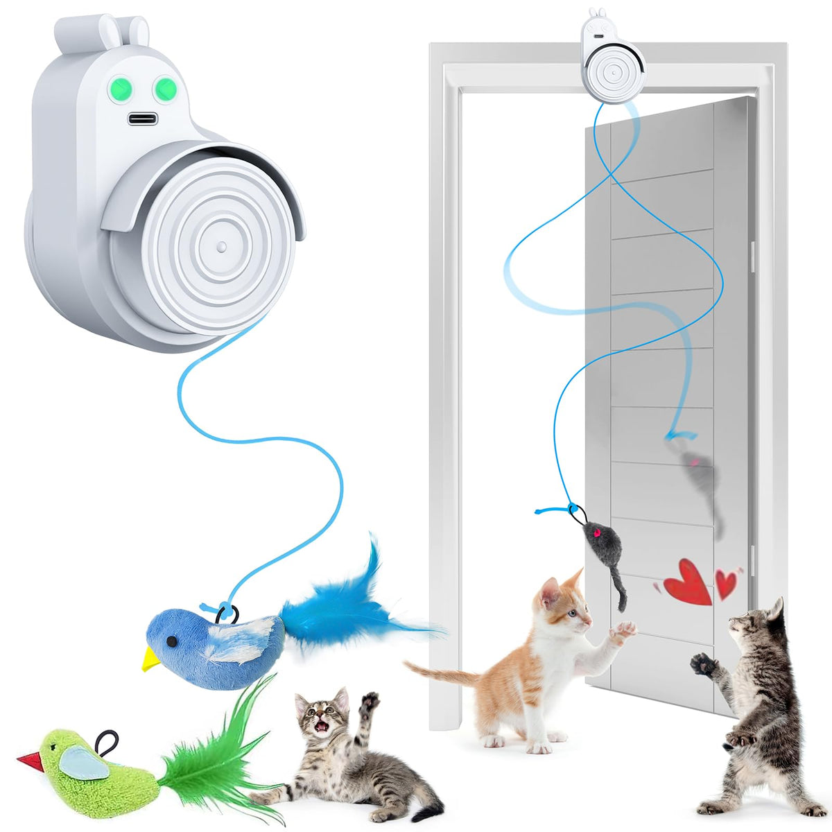 CATPICK interactive bird toy on doorway hanging in action for indoor cats