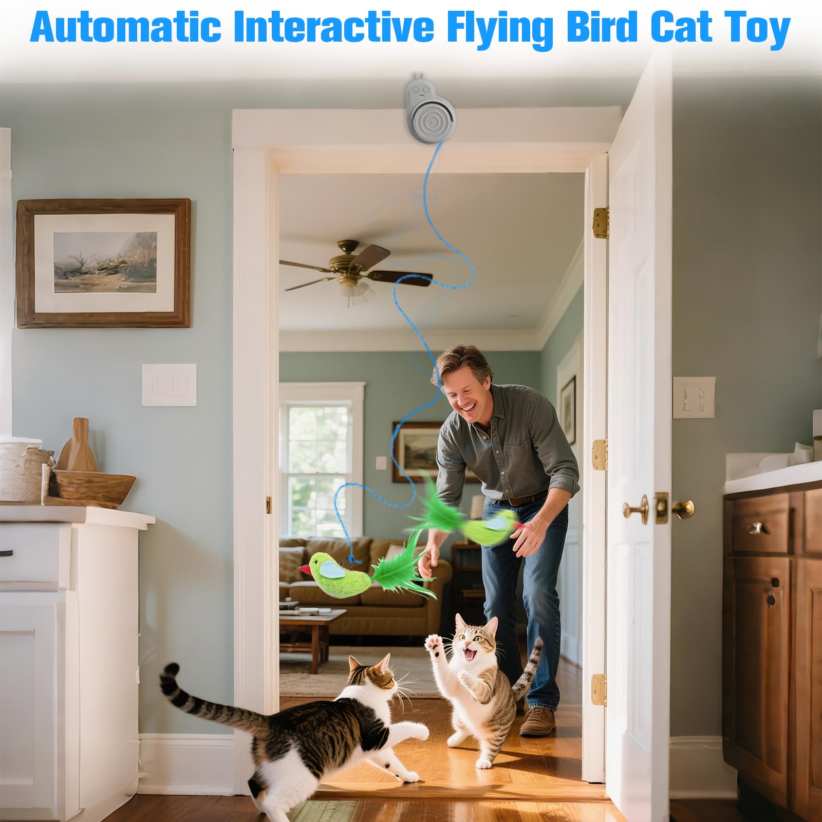 CATPICK interactive cat toy setup demonstrates doorway deployment for stimulating hunting-like fun.