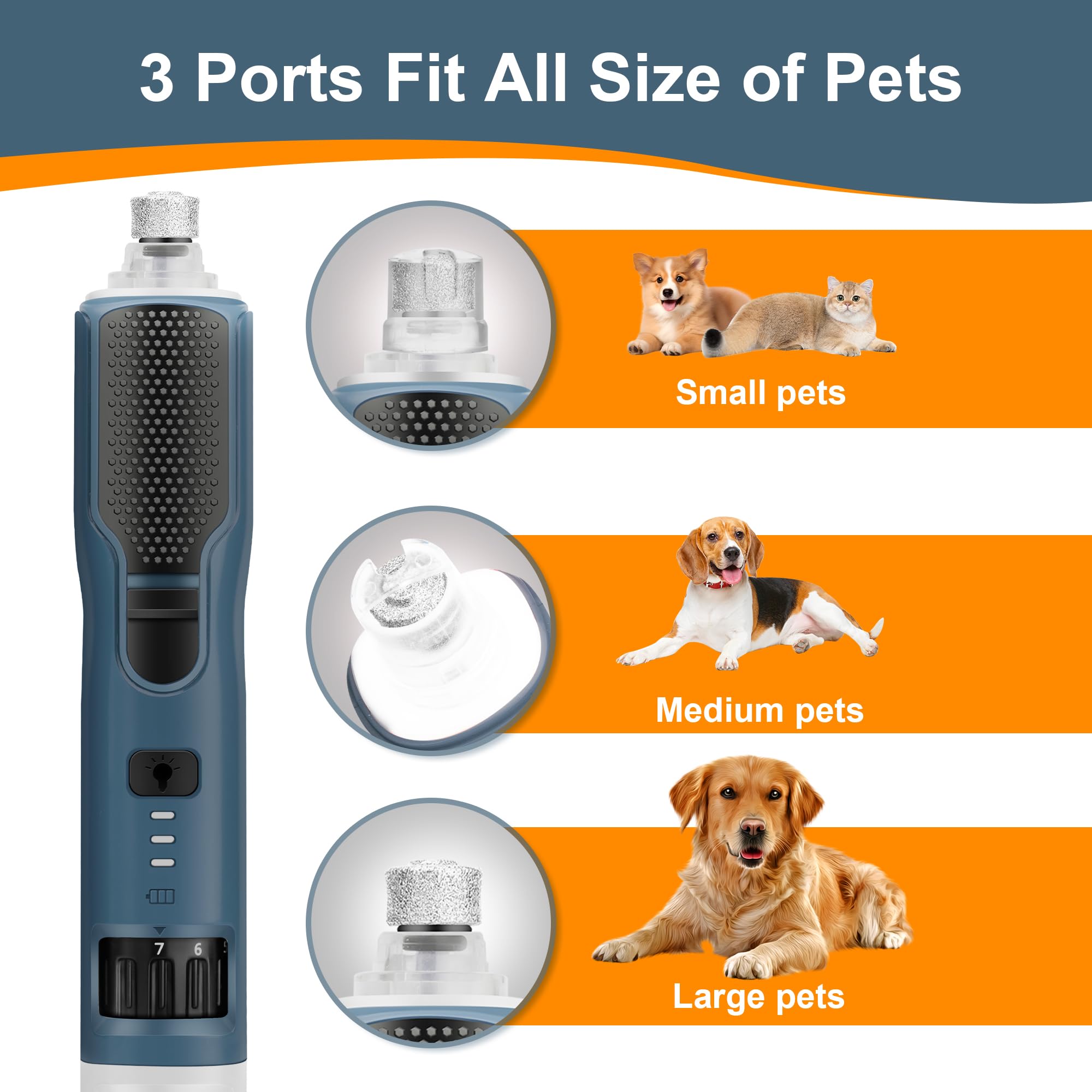 CATPICK nail grinder ports for small, medium, and large pets.