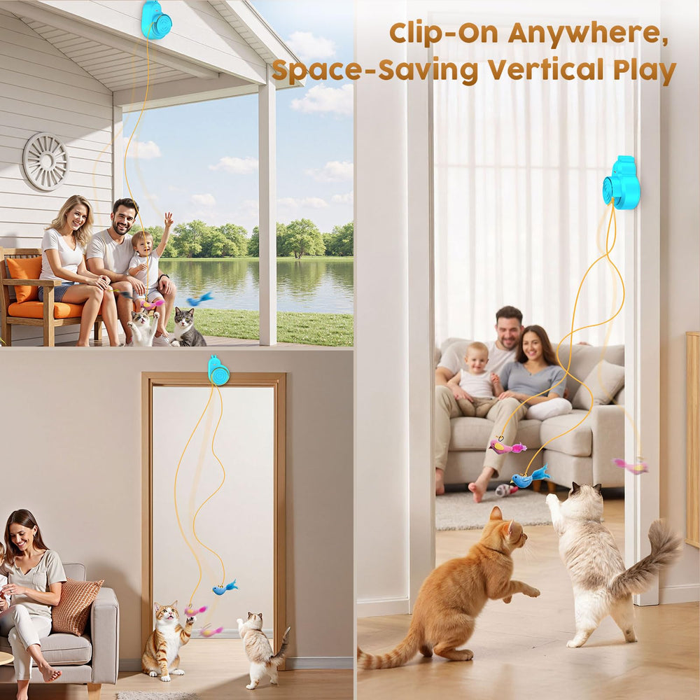 Catpick smooth-motion attachments deter tangles with plush bird and mouse.
