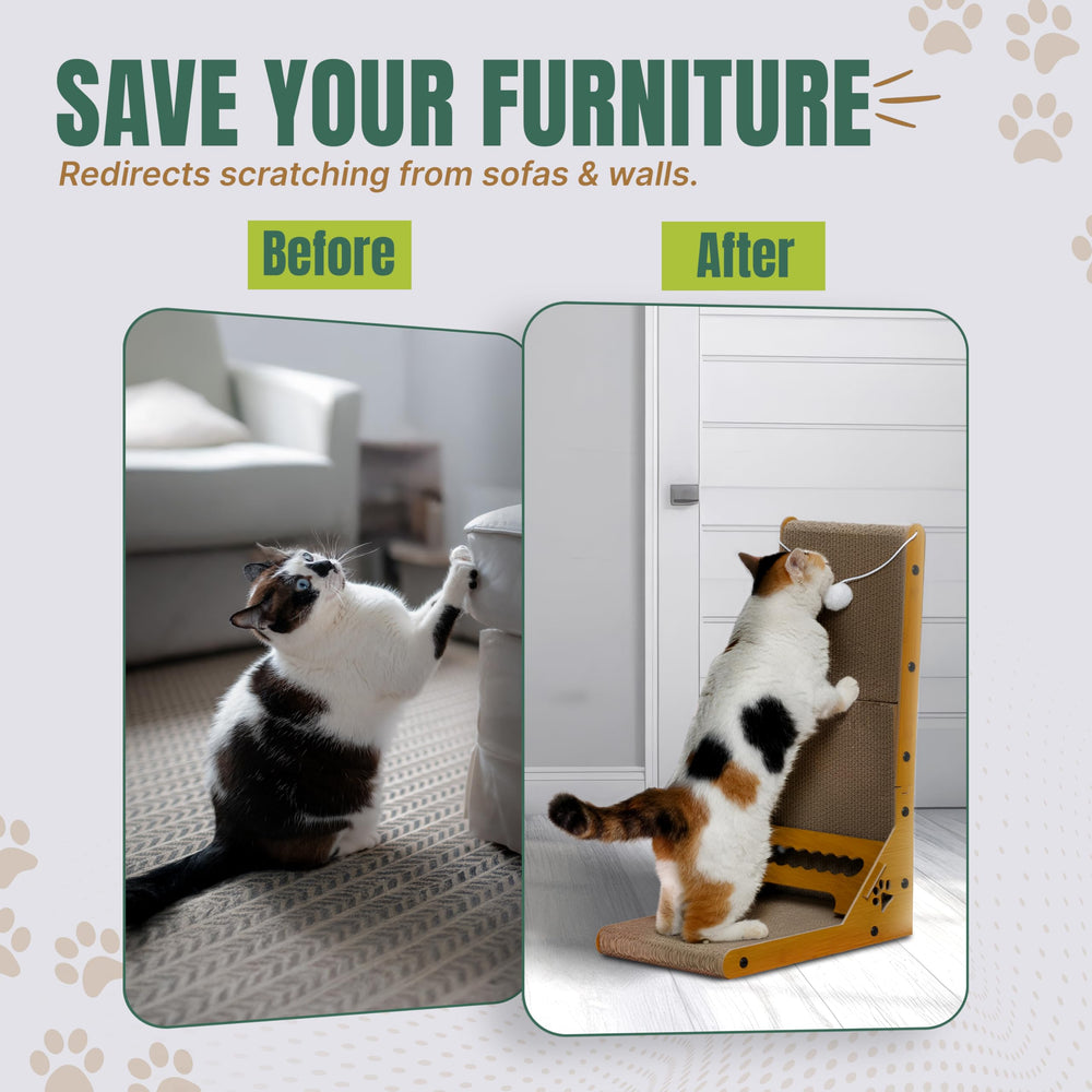 Cats Cuddles L-shape scratching post provides a sturdy corner for clawing and stretching