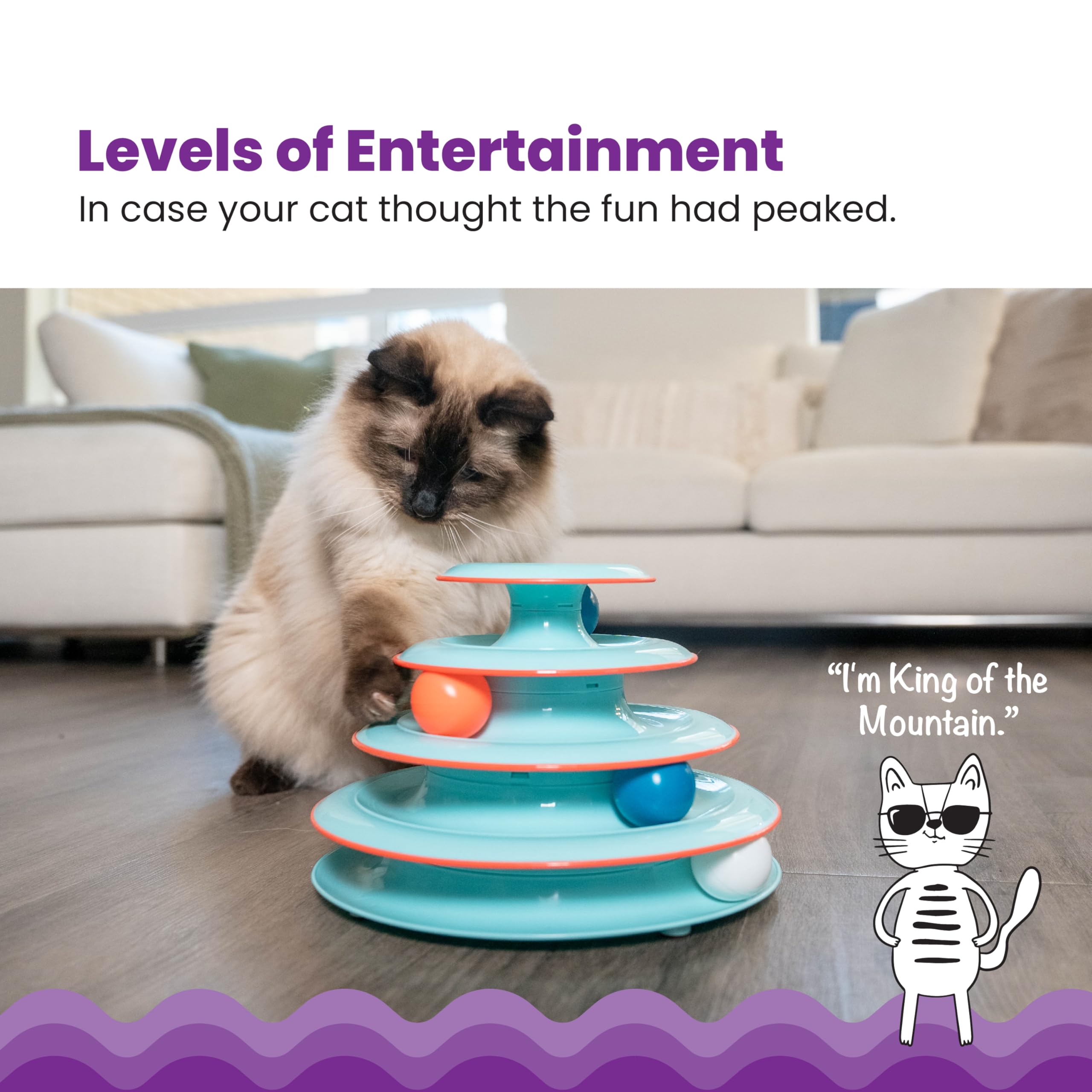Catstages Chase Meowtain ball-one-spins highlights one spinning ball to engage curious paws during enrichment