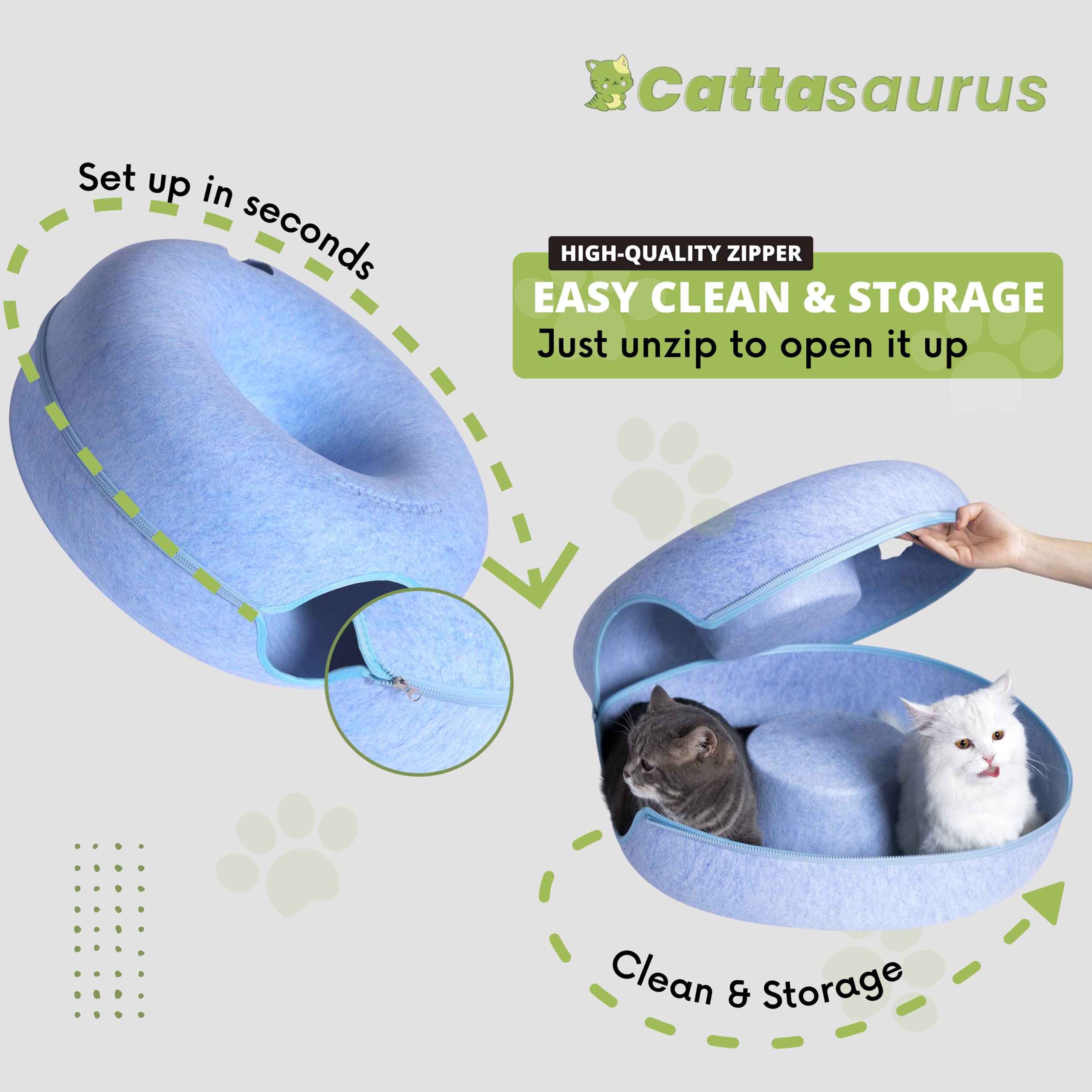Cattasaurus Peekaboo cat cave detachable tunnel for easy cleaning.
