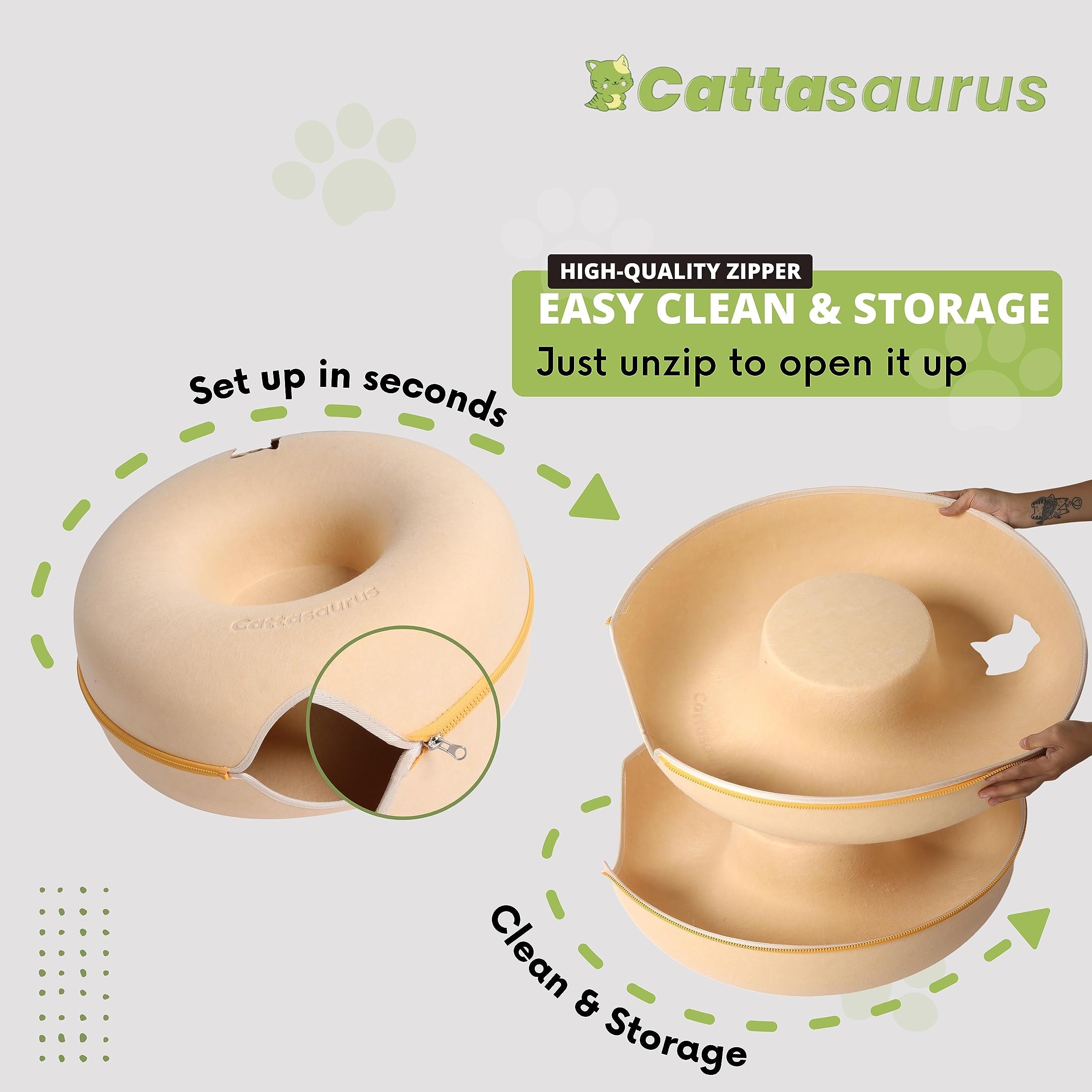 Cattasaurus Peekaboo's detachable tunnel bed simplifies cleaning and maintenance