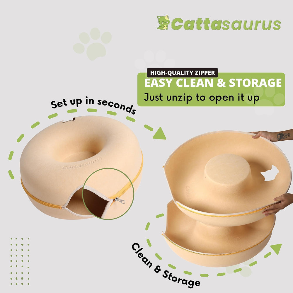 Cattasaurus Peekaboo's detachable tunnel bed simplifies cleaning and maintenance