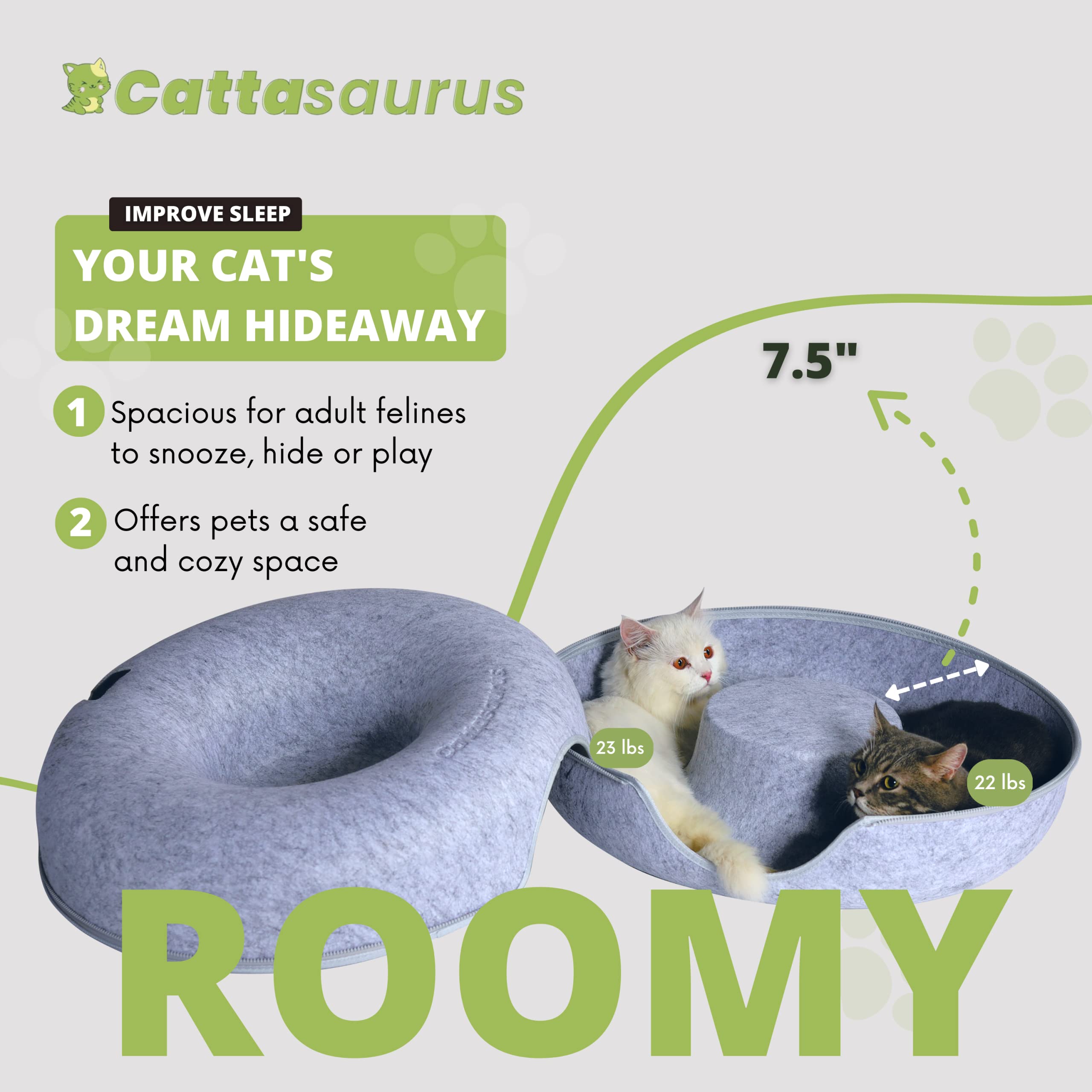 Cattasaurus Peekaboo donut bed side view emphasizes soft, warm resting spot