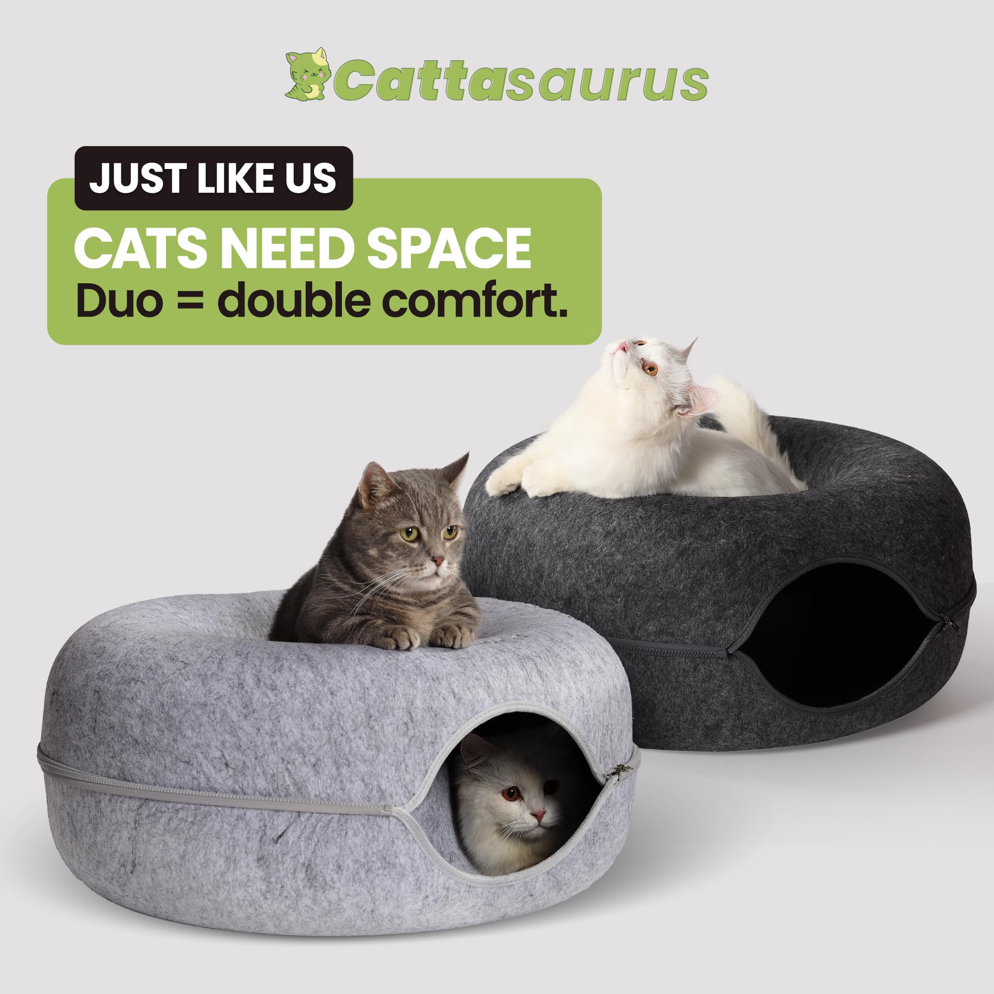 Cattasaurus Peekaboo cat cave donut side view highlights sturdy, washable comfort for multi-pet homes.