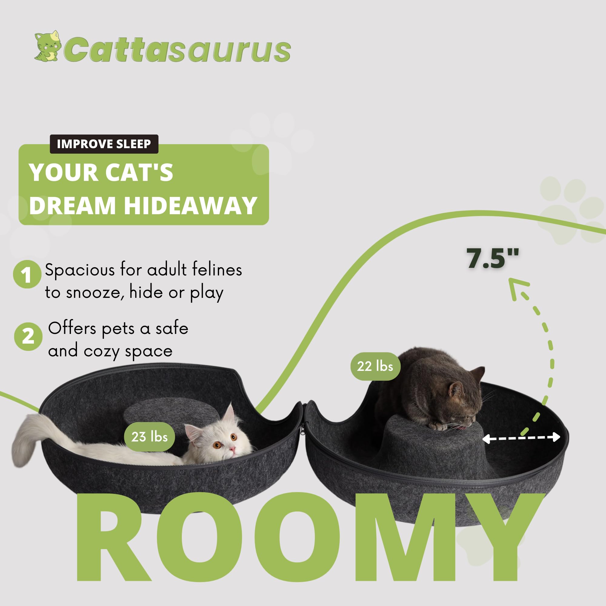 Cattasaurus Peekaboo Cat Cave large-cat fit, roomy for bigger cats.