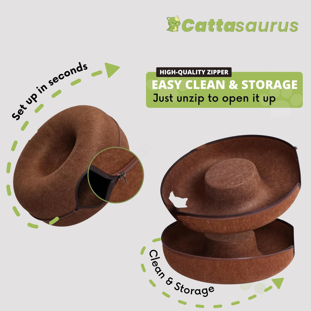 Cattasaurus Peekaboo Cat Cave washable materials support year-round use