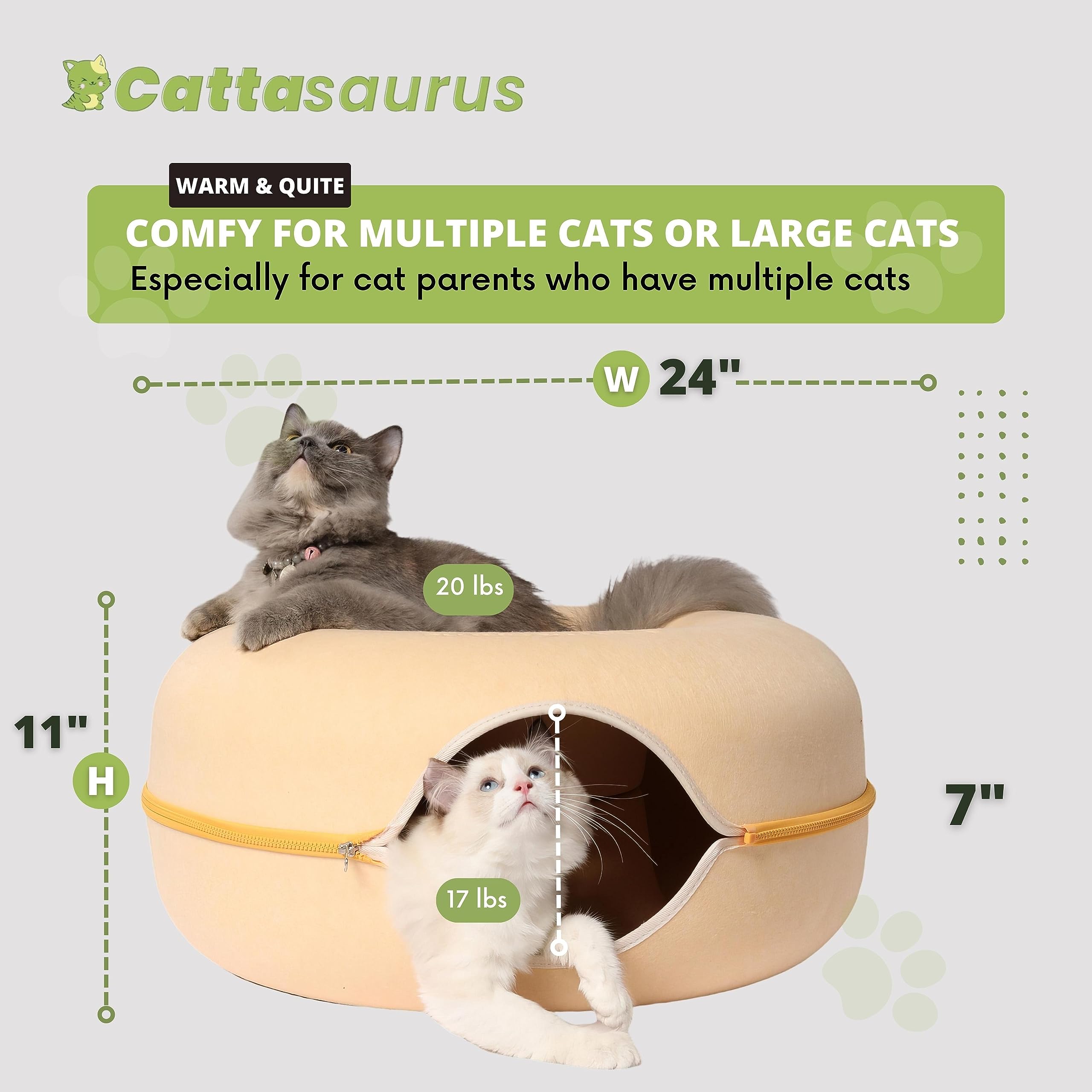 Cattasaurus Peekaboo Cat Cave Donut with tunnel bed supports multi-pet lounging