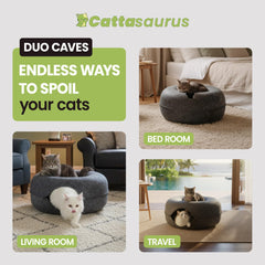 Cattasaurus Peekaboo Cat Cave tunnel bed, encourages safe scratching and play.