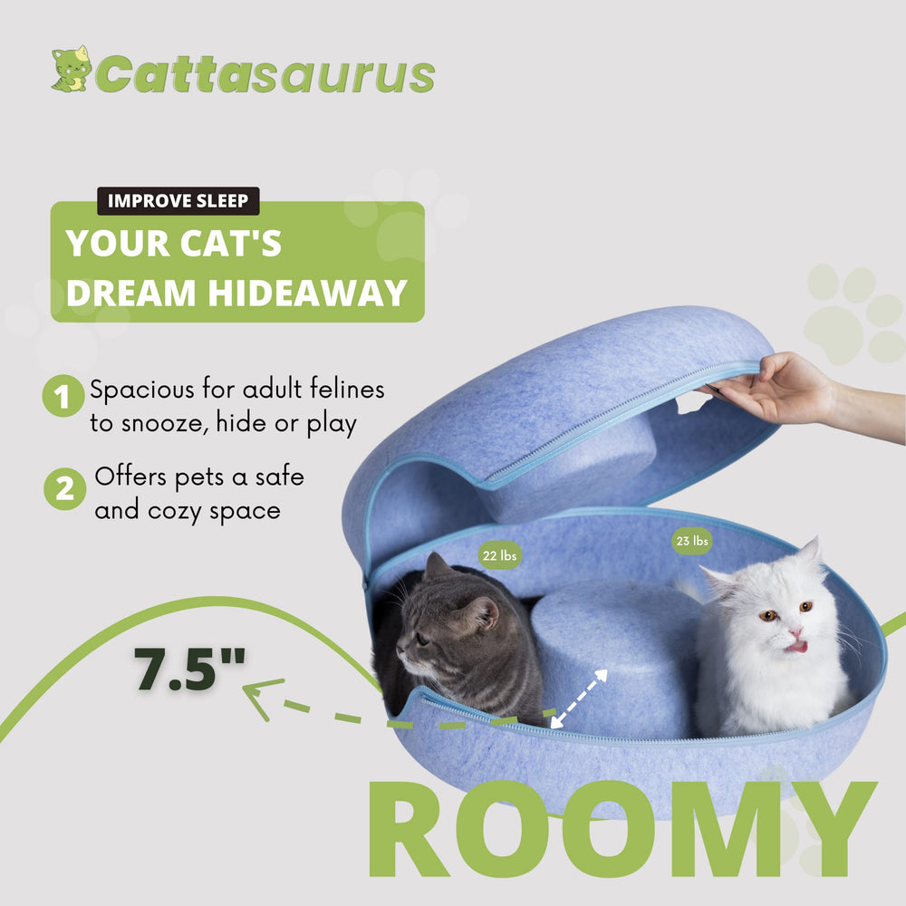 Cattasaurus Peekaboo cat cave tunnel bed shows dual sleeping and play space.