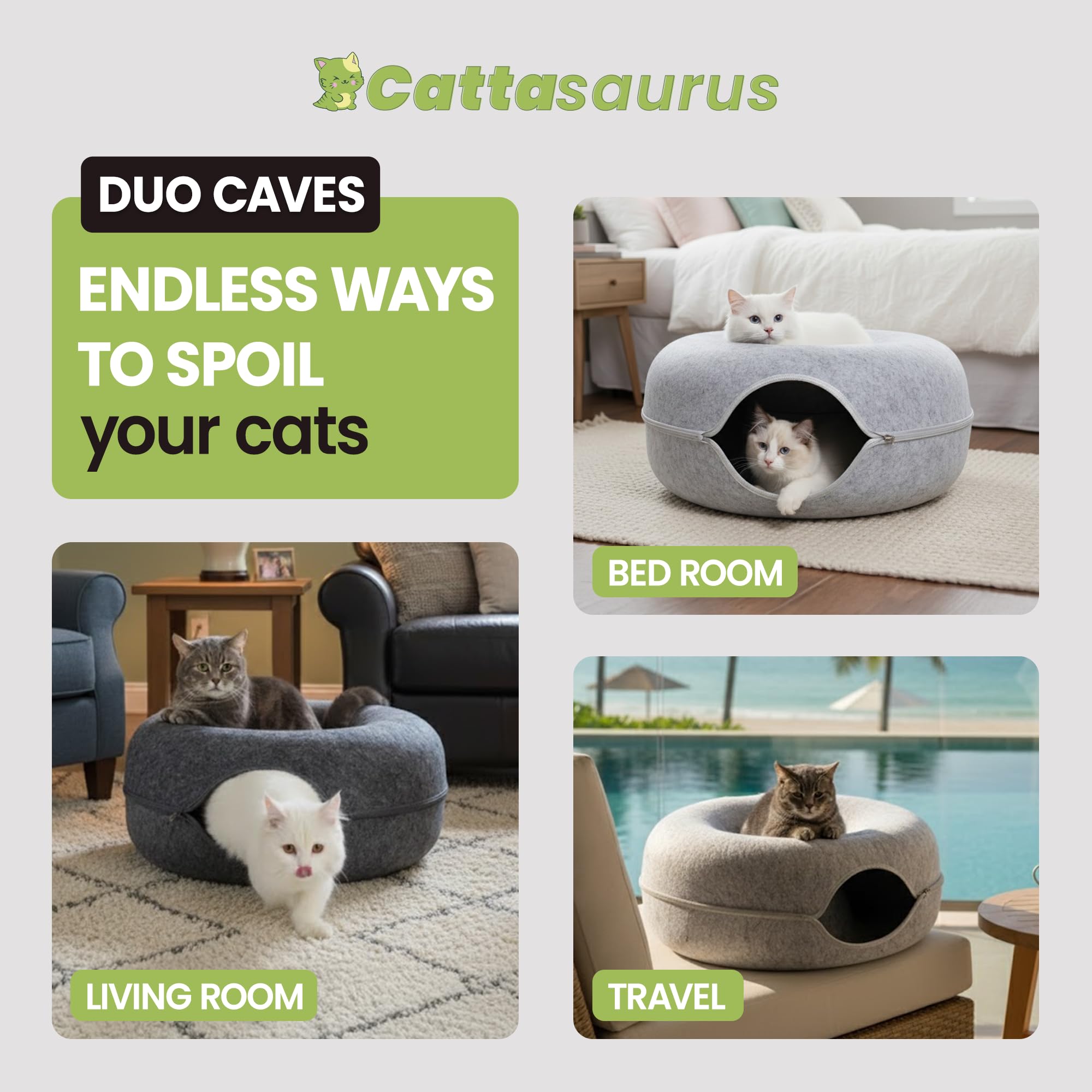 Cattasaurus Peekaboo cat cave tunnel underside emphasizes wear-resistant materials and easy cleaning.