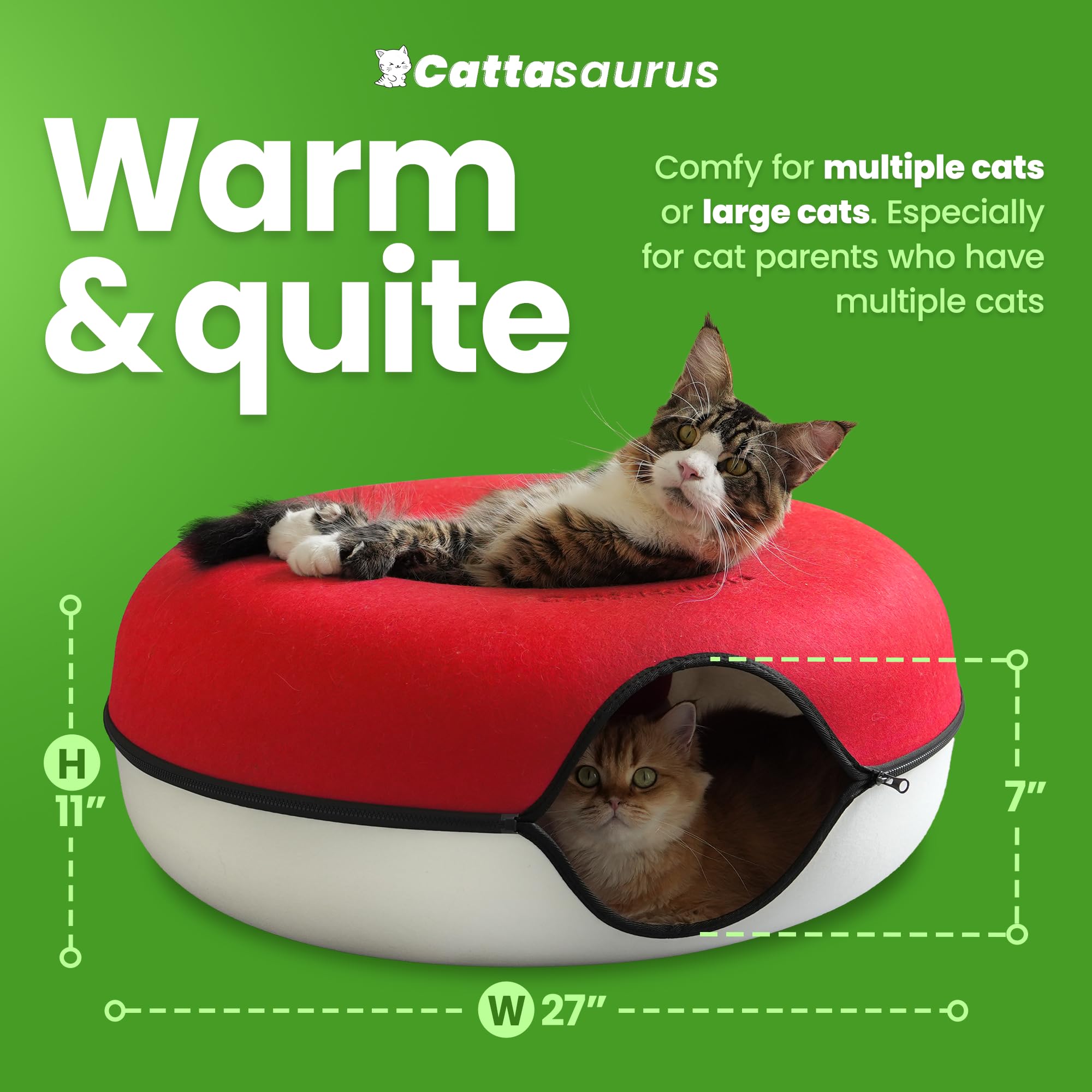 Cattasaurus Peekaboo donut-bed highlight offers two-in-one comfort and play space.