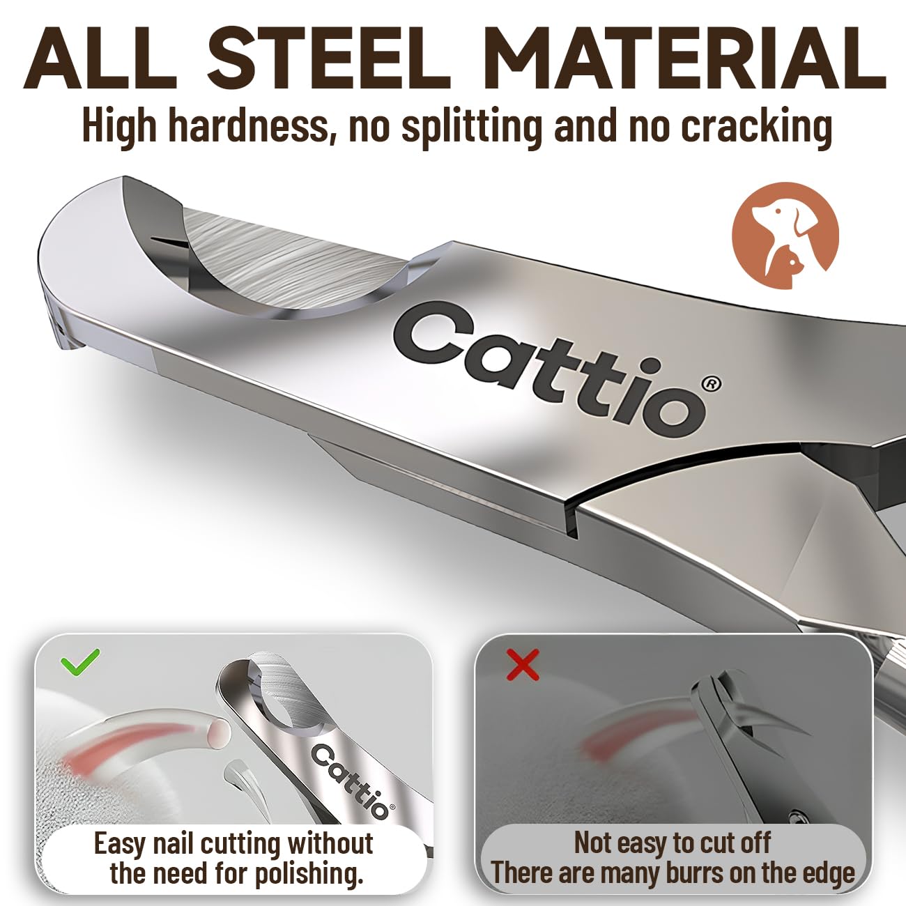 Cattio built-in spring dog nail clippers preventing hair pinch during trimming