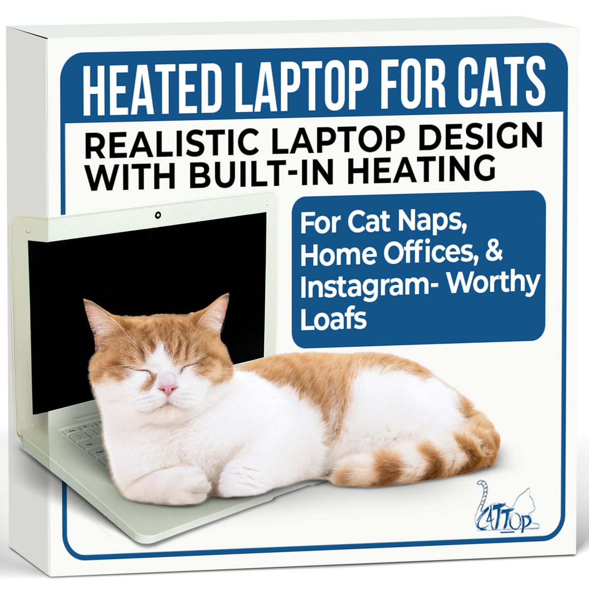 Cattop cat laptop toy with heated surface offers a cozy nap spot for cats.