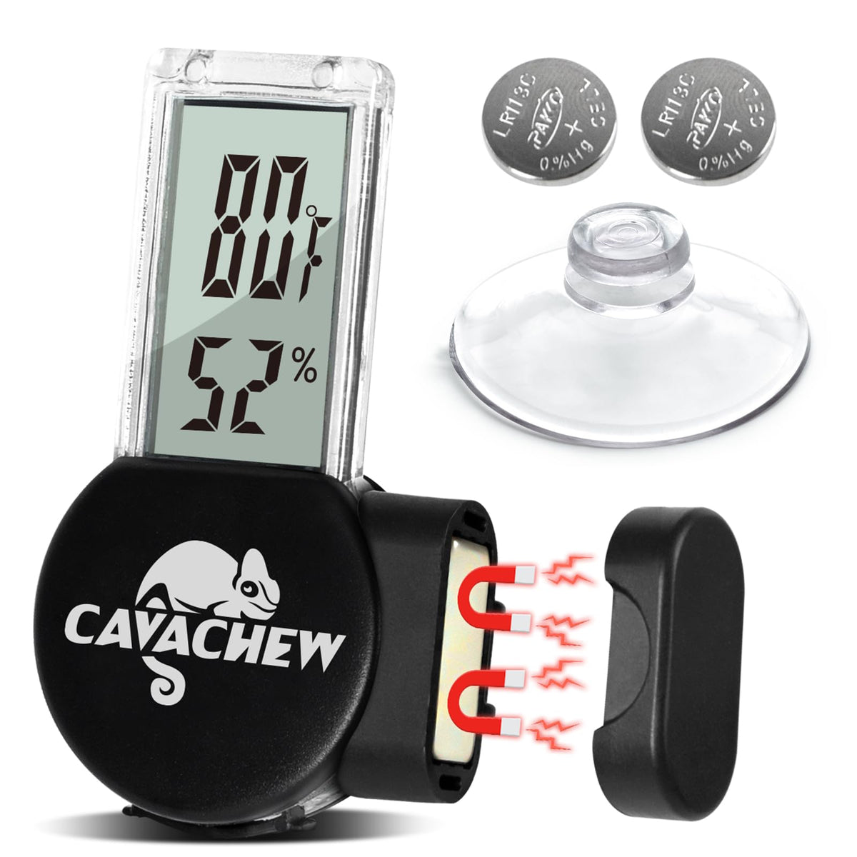 CAVACHEW magnetic back-mount reptile thermometer in terrarium for secure readings and easy positioning.
