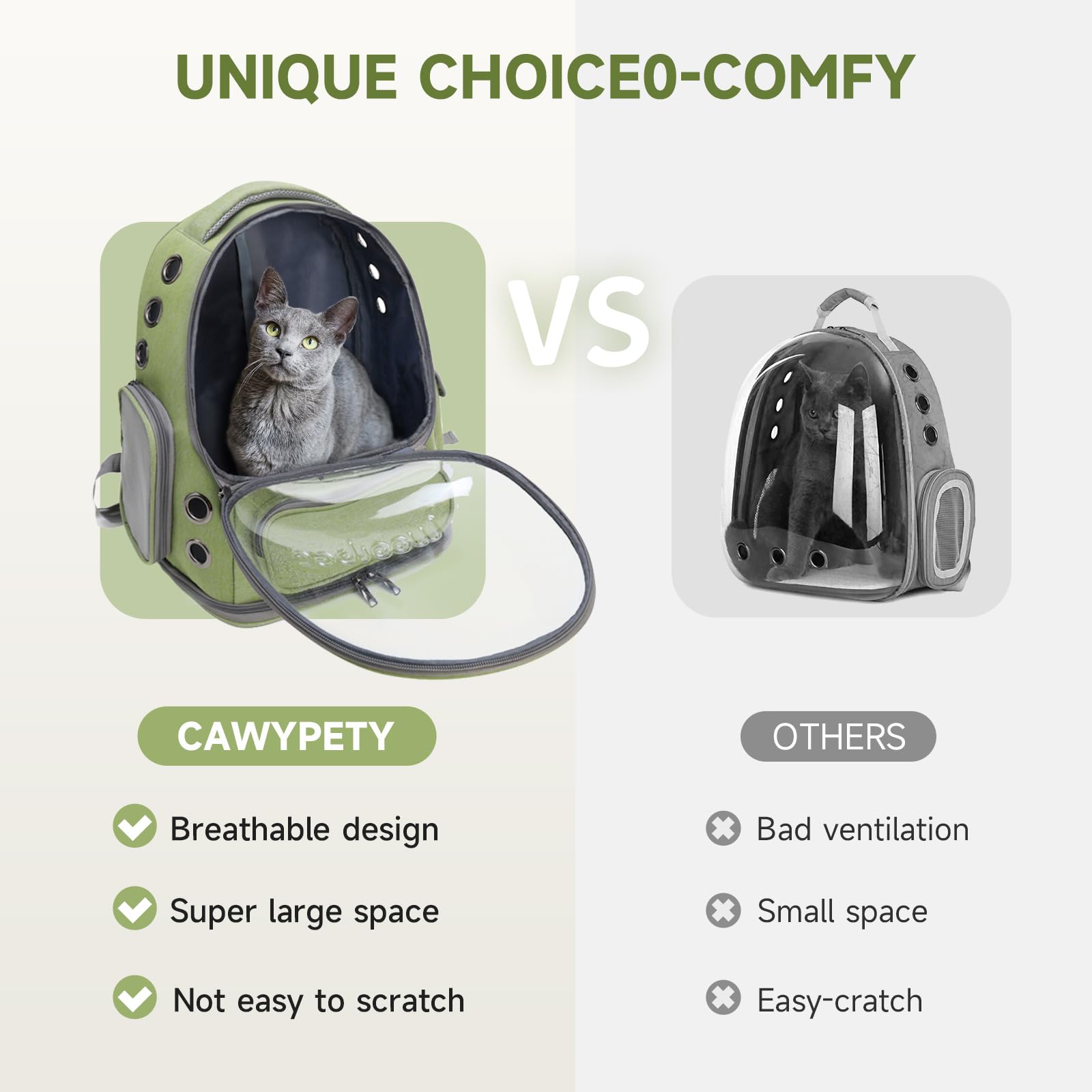 Cawypety cat backpack features side-entry vents for easy pet access.