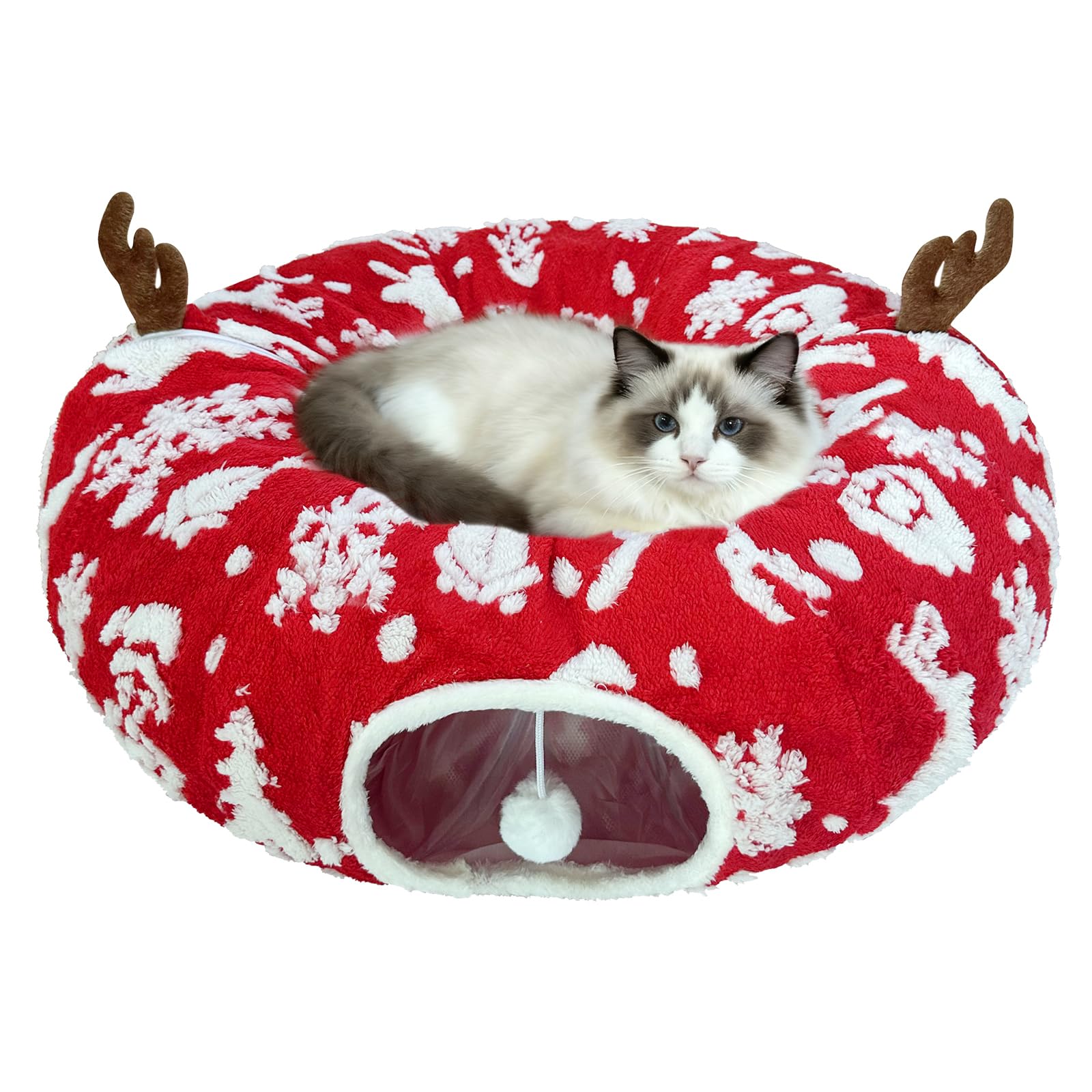Cckuu Cat Tunnel Bed front view in Christmas Red offers a cozy nap retreat.