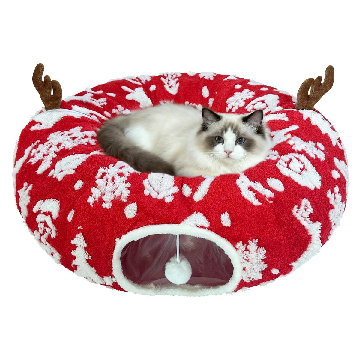 Cckuu Cat Tunnel Bed front view in Christmas Red offers a cozy nap retreat.